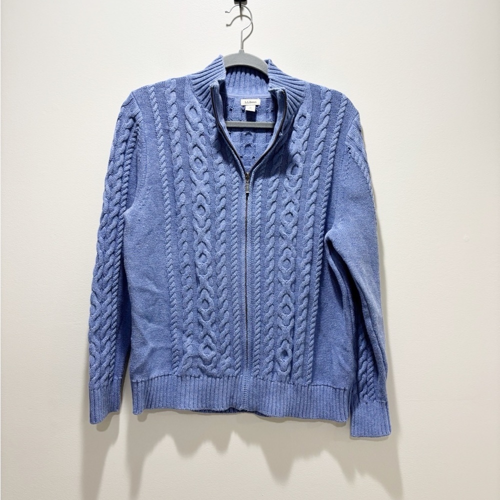 L.L. Bean Women's Blue Cable-Knit Cabin Zip-Up Sweater Cotton Size XL P